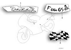 Goto diagram: BMW Classic Motorbike Model F 650 GS Dakar 00 (0173,0183)( ECE ), Category 51.05 Sticker for Desertblue/Auraweiss :: Diagram: 51_4521